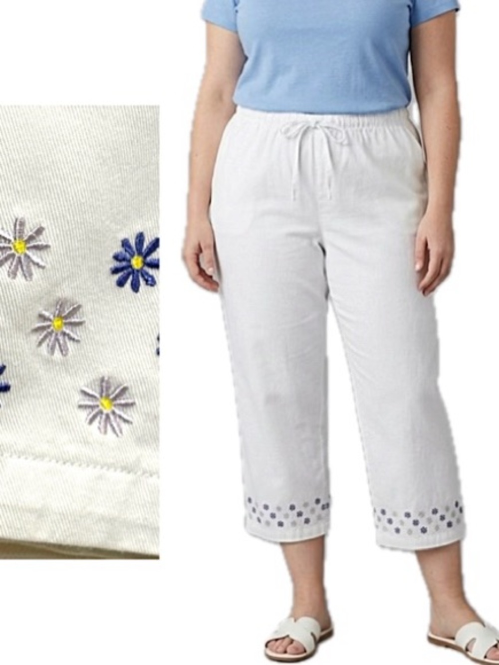 AMI White Cotton Pull On Crop Pants Womens Size XL Daisy Floral Embroidered Hem